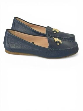 Kate Spade Women’s Carmen Navy Blue Leather Slip On Drive Loafer Gold Logo 7.5 M